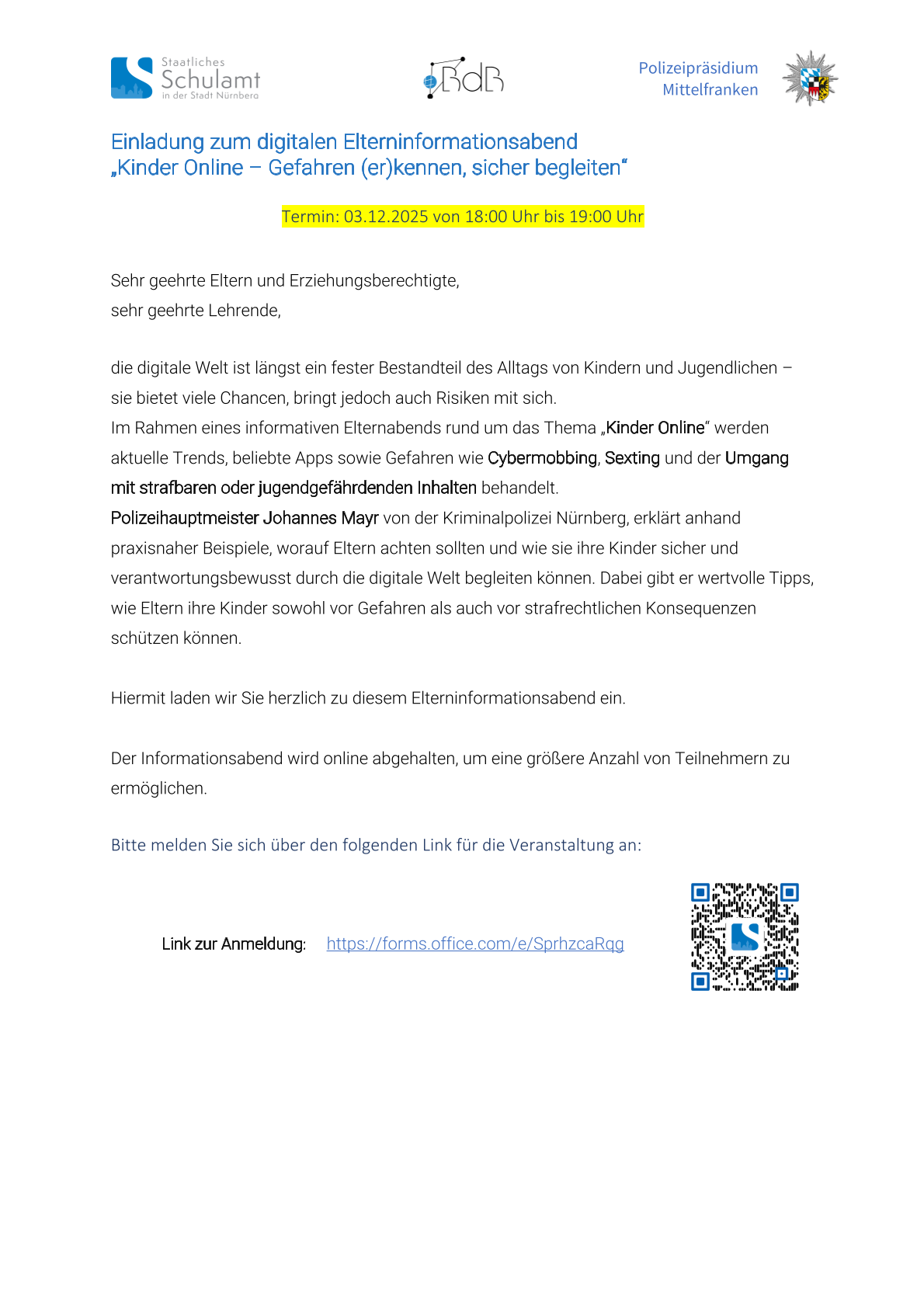 Digitaler Elterninfoabend - "Kinder online"